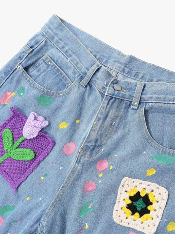 Street Patch Flower Embroidered Cat Whiskers Denim Shorts- 2032 