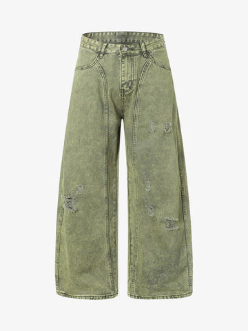 Washed Distressed Ripped Barrel Jeans 