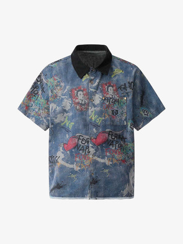 Tie-Dye Denim Graffiti Polo T-Shirt 