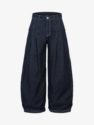Deconstructed Contrast Stitching Pleated Baggy Barrel Jeans - 2343 