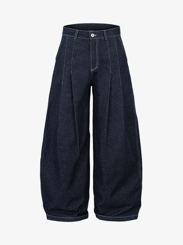 Deconstructed Contrast Stitching Pleated Baggy Barrel Jeans - 2343 