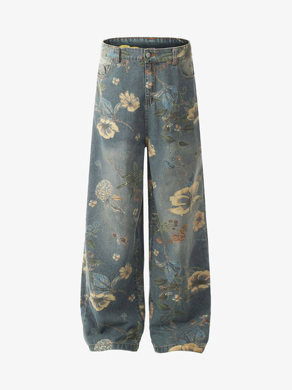 Denim Floral Print Carpenter Jeans - 2237 