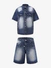 Distressed Washed Workwear Denim Shirt And Jorts Set 