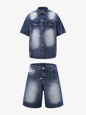 Distressed Washed Workwear Denim Shirt And Jorts Set 