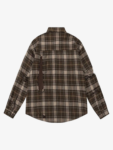 Retro Ripped Patchwork Long Sleeve Plaid Shirt 