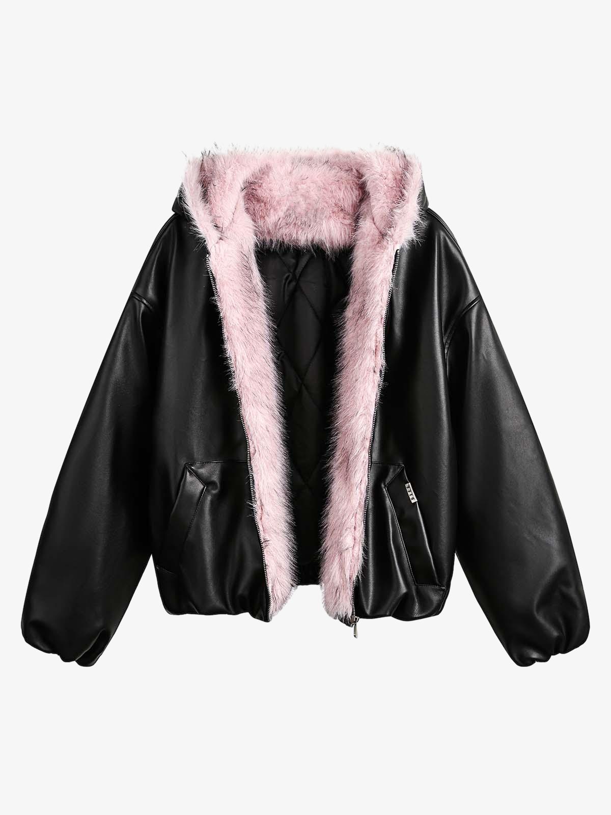 Leather Pink Fur Hooded Quilted Jacket - 2535 