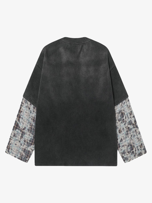 Washed Faux Two-Piece Racing Long Sleeve T-shirt - 2543 