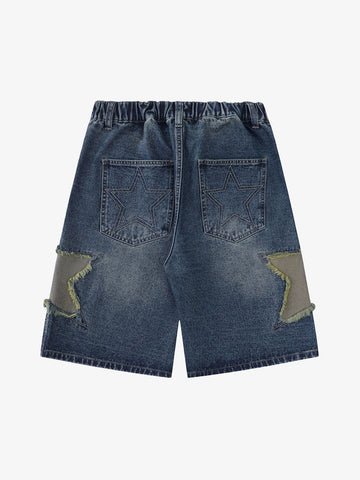 Street Patchwork Star Embroidered Denim Shorts - 2133 