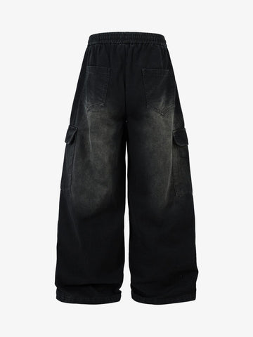 Washed Multi Pocket Drawstring Cargo Jeans 