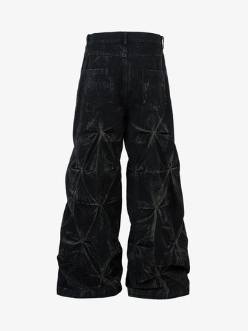 Denim Heavy Washed Distressed Pleated Baggy Jeans - 2282 