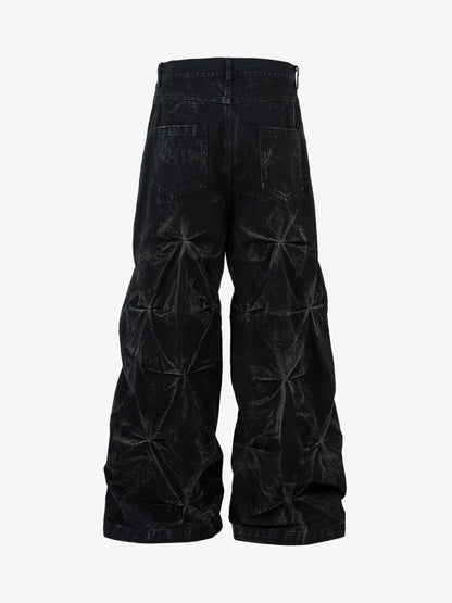 Denim Heavy Washed Distressed Pleated Baggy Jeans - 2282 
