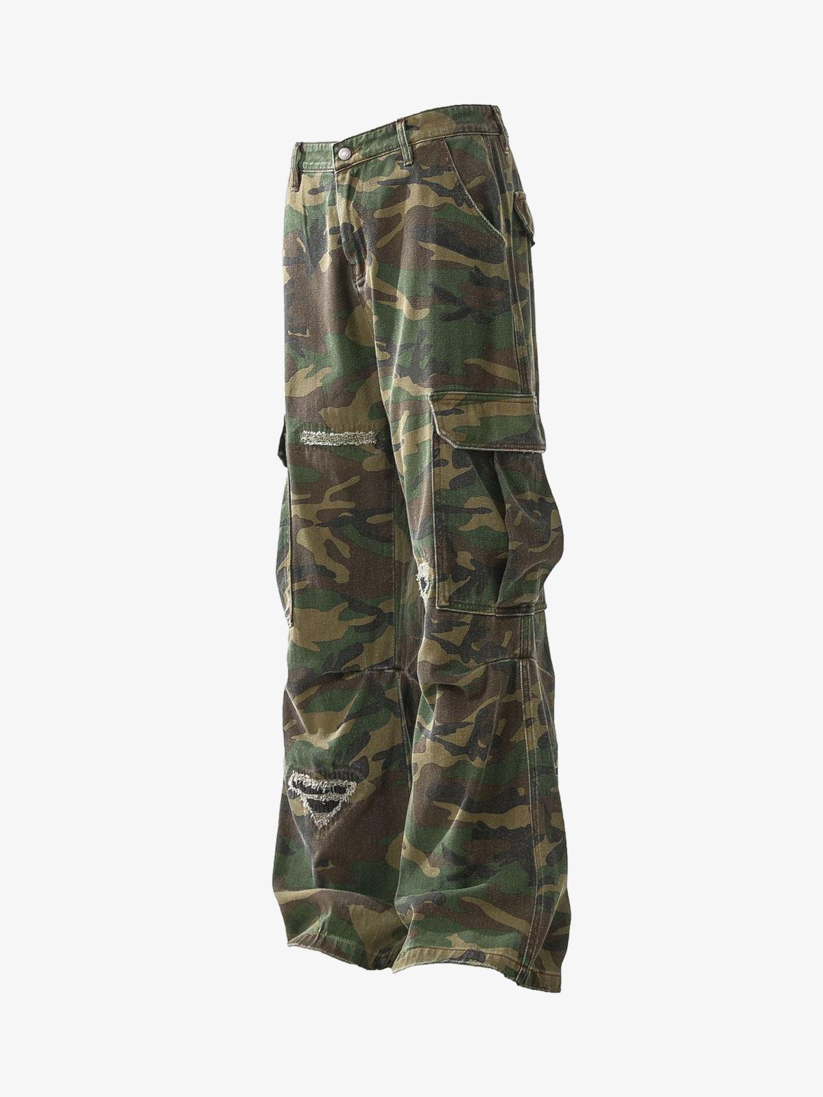 Woven Ripped Camouflage Cargo Baggy Pants - 2410 
