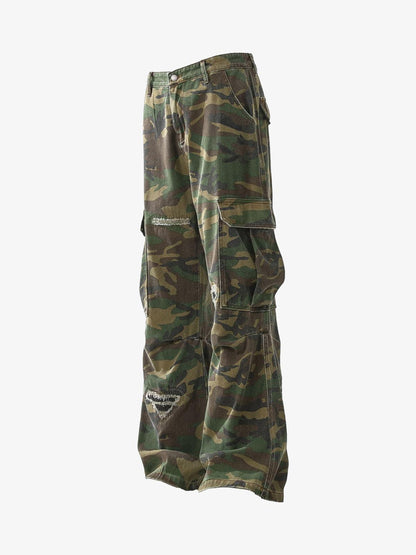 Woven Ripped Camouflage Cargo Baggy Pants - 2410 
