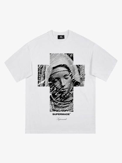Original Retro Virgin Mary Mottled Cross Print T-Shirt 