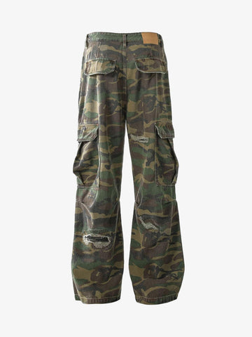 Woven Ripped Camouflage Cargo Baggy Pants - 2410 