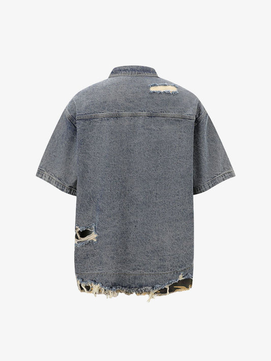 Distressed Denim Ripped Short-Sleeve Shirt 
