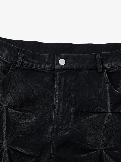 Denim Heavy Washed Distressed Pleated Baggy Jeans - 2282 