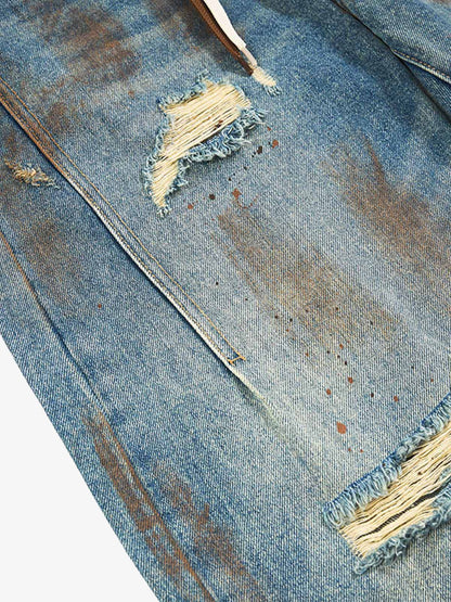 Retro Ink-Splashed Ripped Jeans 