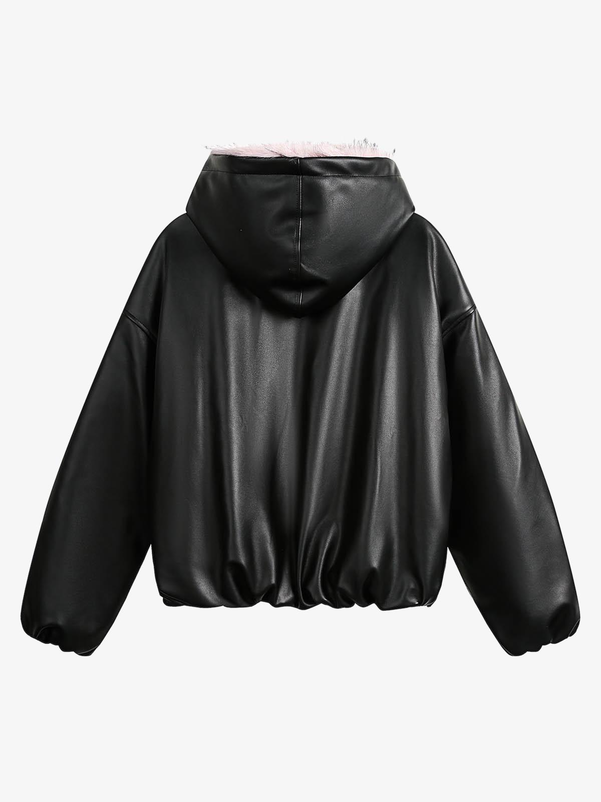 Leather Pink Fur Hooded Quilted Jacket - 2535 