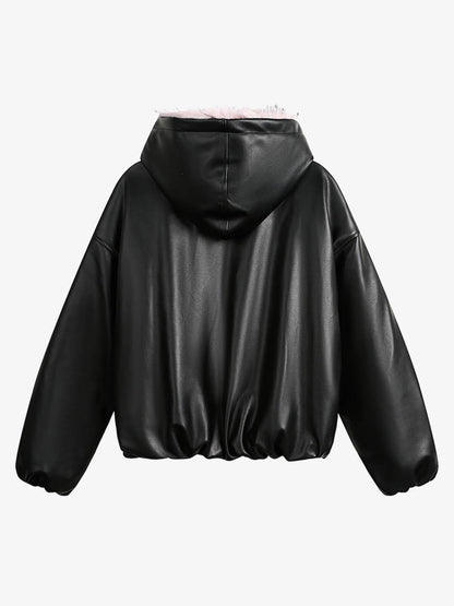 Leather Pink Fur Hooded Quilted Jacket - 2535 