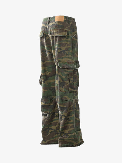 Woven Ripped Camouflage Cargo Baggy Pants - 2410 