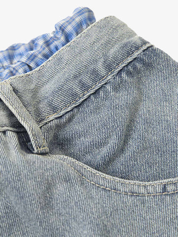 Plaid Double Waist Baggy Jeans - 2505 