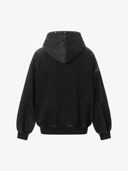 Street Washed Distressed Stitching Rivet Hooded Jacket 
