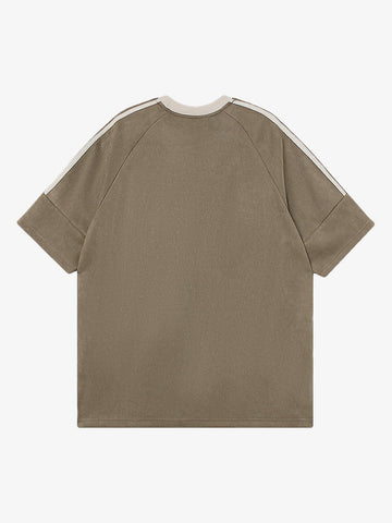 Suede Contrast Color Spliced Letter Embroidery Oversize T-shirt - 2462 