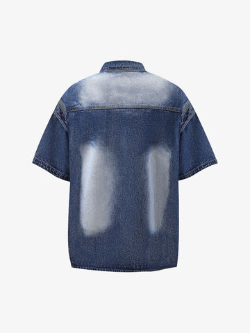 Distressed Washed Workwear Denim Shirt And Jorts Set 