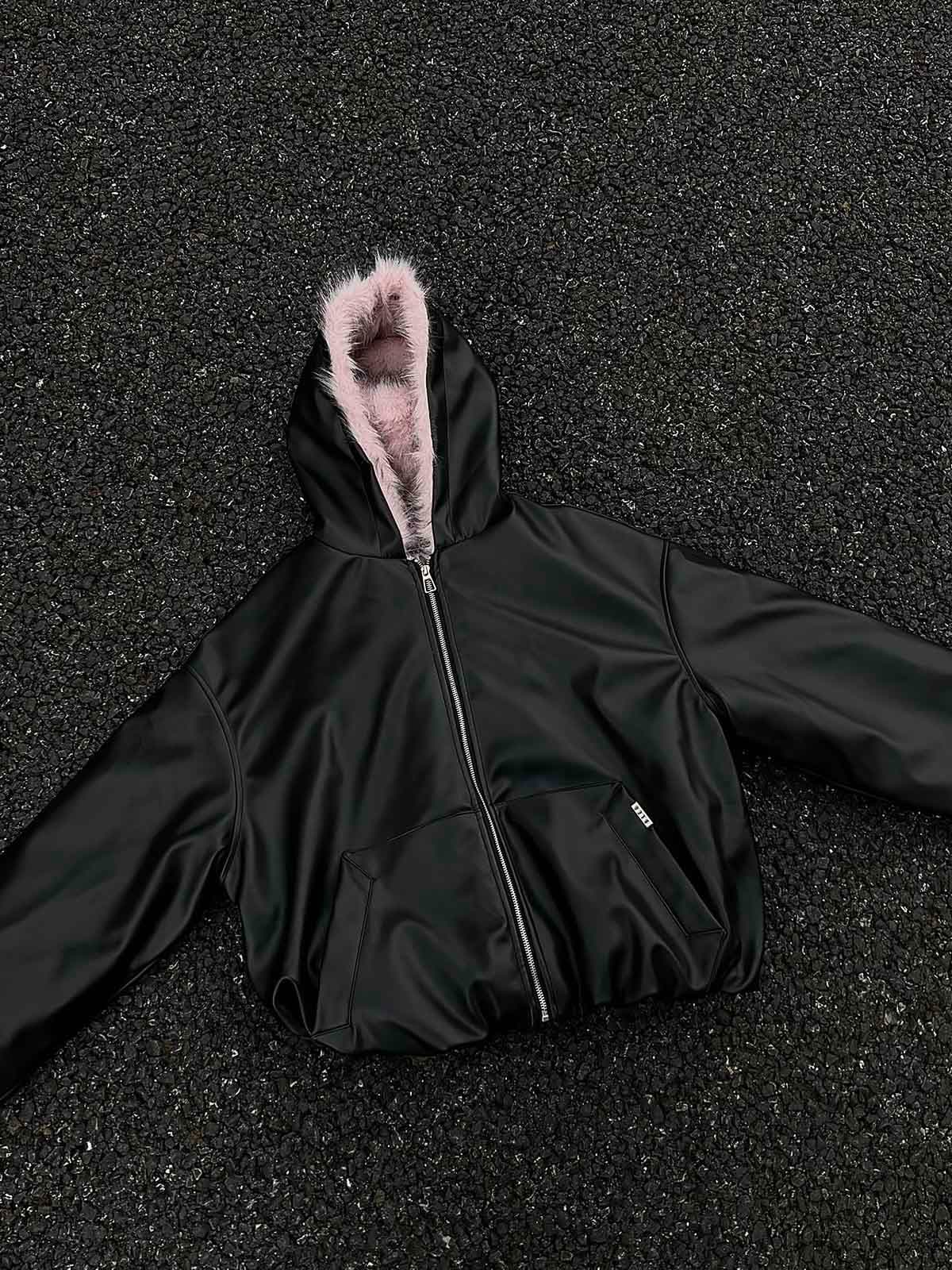 Leather Pink Fur Hooded Quilted Jacket - 2535 