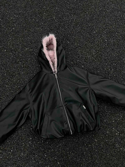 Leather Pink Fur Hooded Quilted Jacket - 2535 