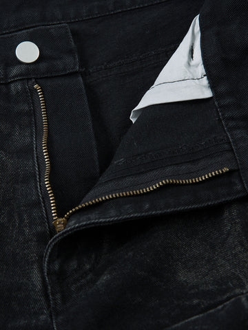 Denim Heavy Washed Distressed Pleated Baggy Jeans - 2282 