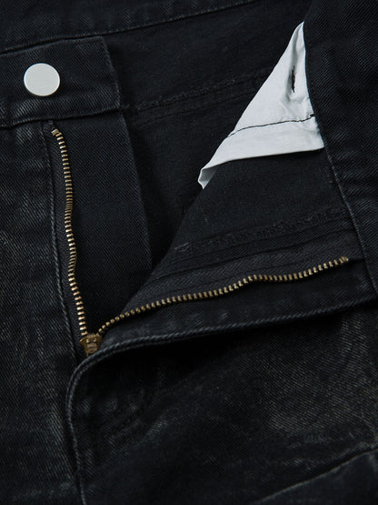 Denim Heavy Washed Distressed Pleated Baggy Jeans - 2282 