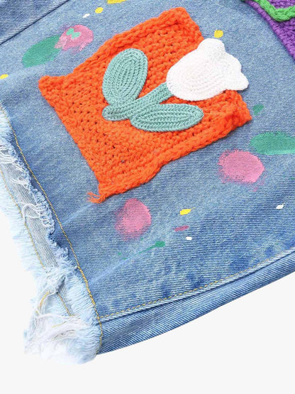 Street Patch Flower Embroidered Cat Whiskers Denim Shorts- 2032 