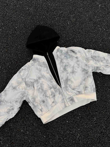 Patchwork Faux Two-Piece Gradient Hooded Bomber Jacket 