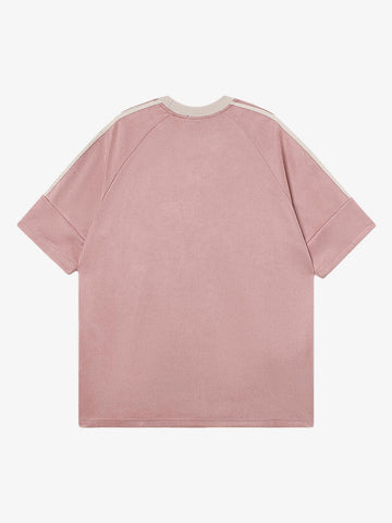 Suede Contrast Color Spliced Letter Embroidery Oversize T-shirt - 2462 