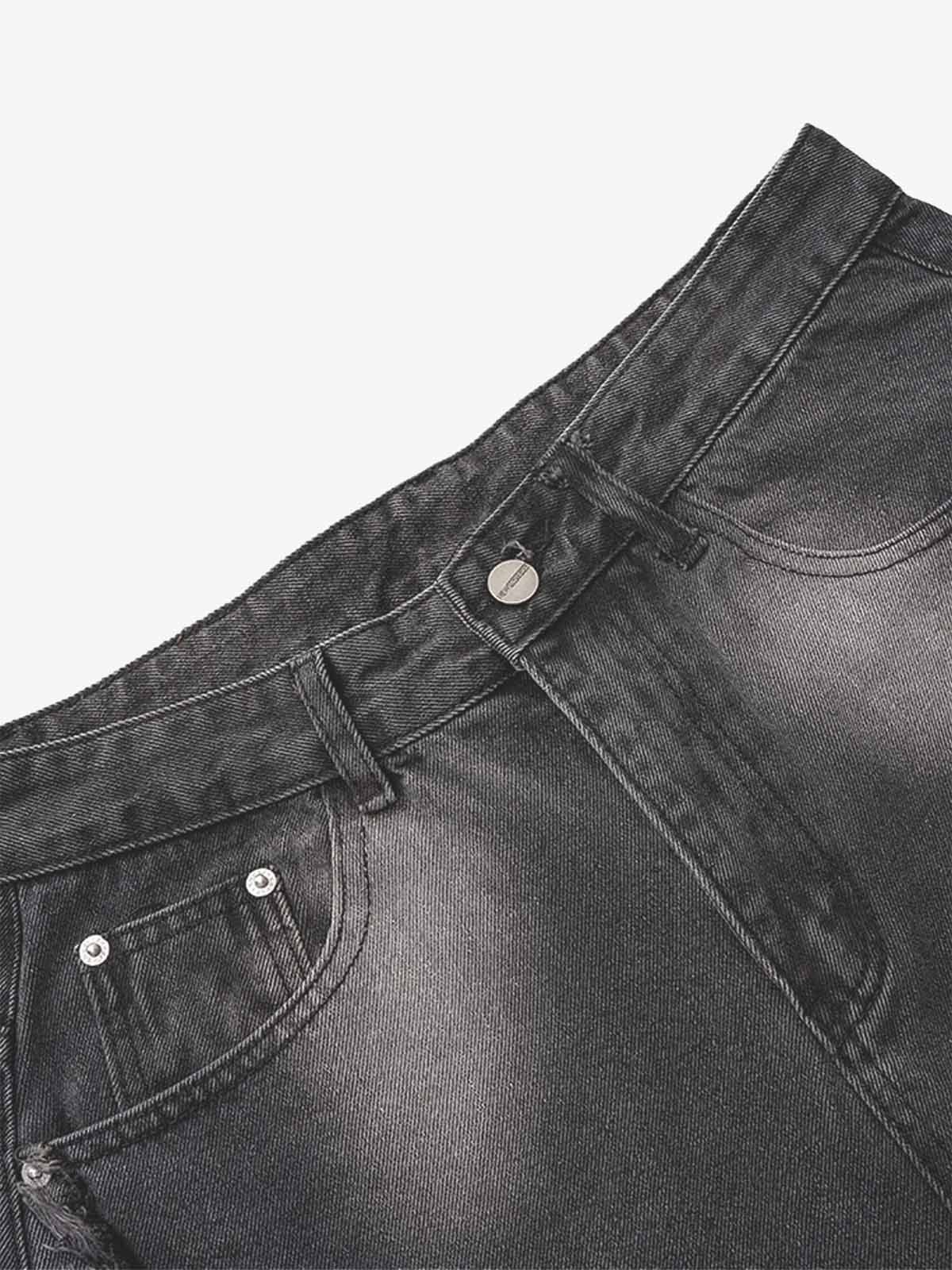 Washed Distressed Raw Edge Barrel Jeans - 2402 