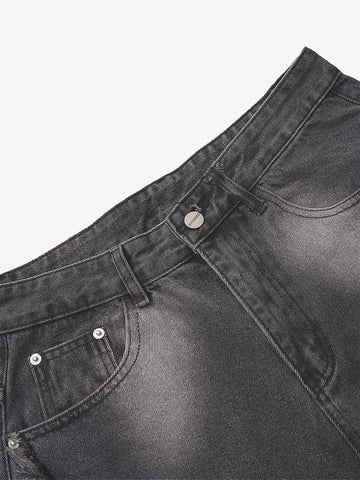 Washed Distressed Raw Edge Barrel Jeans - 2402 
