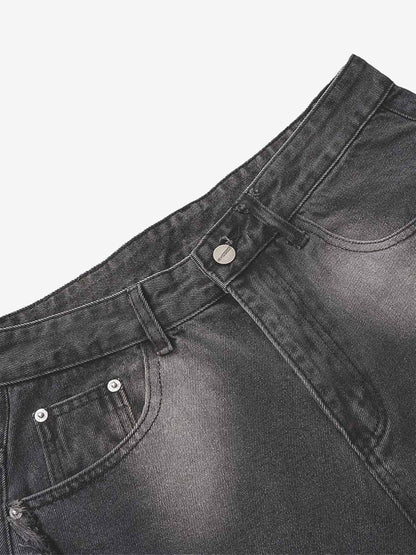 Washed Distressed Raw Edge Barrel Jeans - 2402 