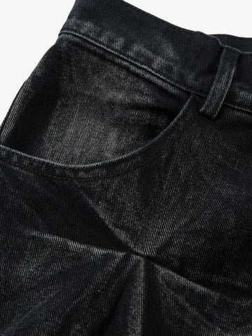 Denim Heavy Washed Distressed Pleated Baggy Jeans - 2282 