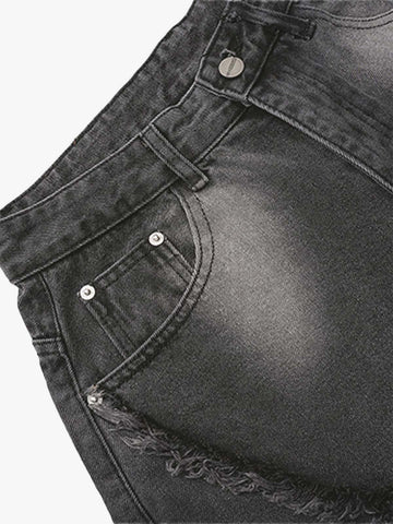Washed Distressed Raw Edge Barrel Jeans - 2402 