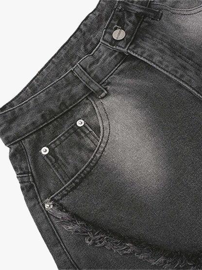 Washed Distressed Raw Edge Barrel Jeans - 2402 