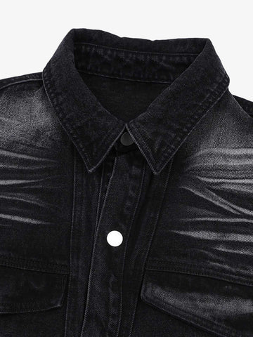 Distressed Washed Workwear Denim Shirt And Jorts Set 