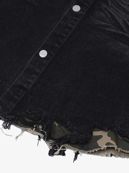 Distressed Denim Ripped Short-Sleeve Shirt 