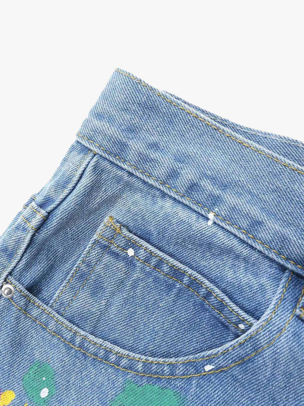 Street Patch Flower Embroidered Cat Whiskers Denim Shorts- 2032 