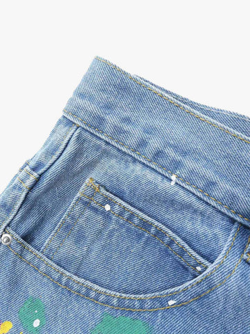 Street Patch Flower Embroidered Cat Whiskers Denim Shorts- 2032 