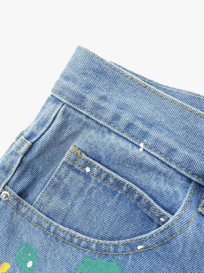 Street Patch Flower Embroidered Cat Whiskers Denim Shorts- 2032 