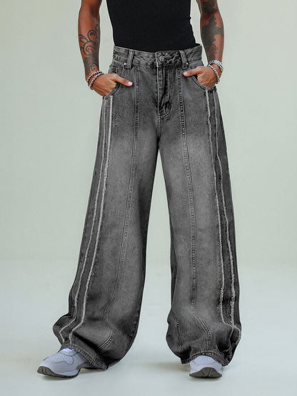 Thesupermade Washed Distressed Raw Edge Baggy Jeans - 2271 