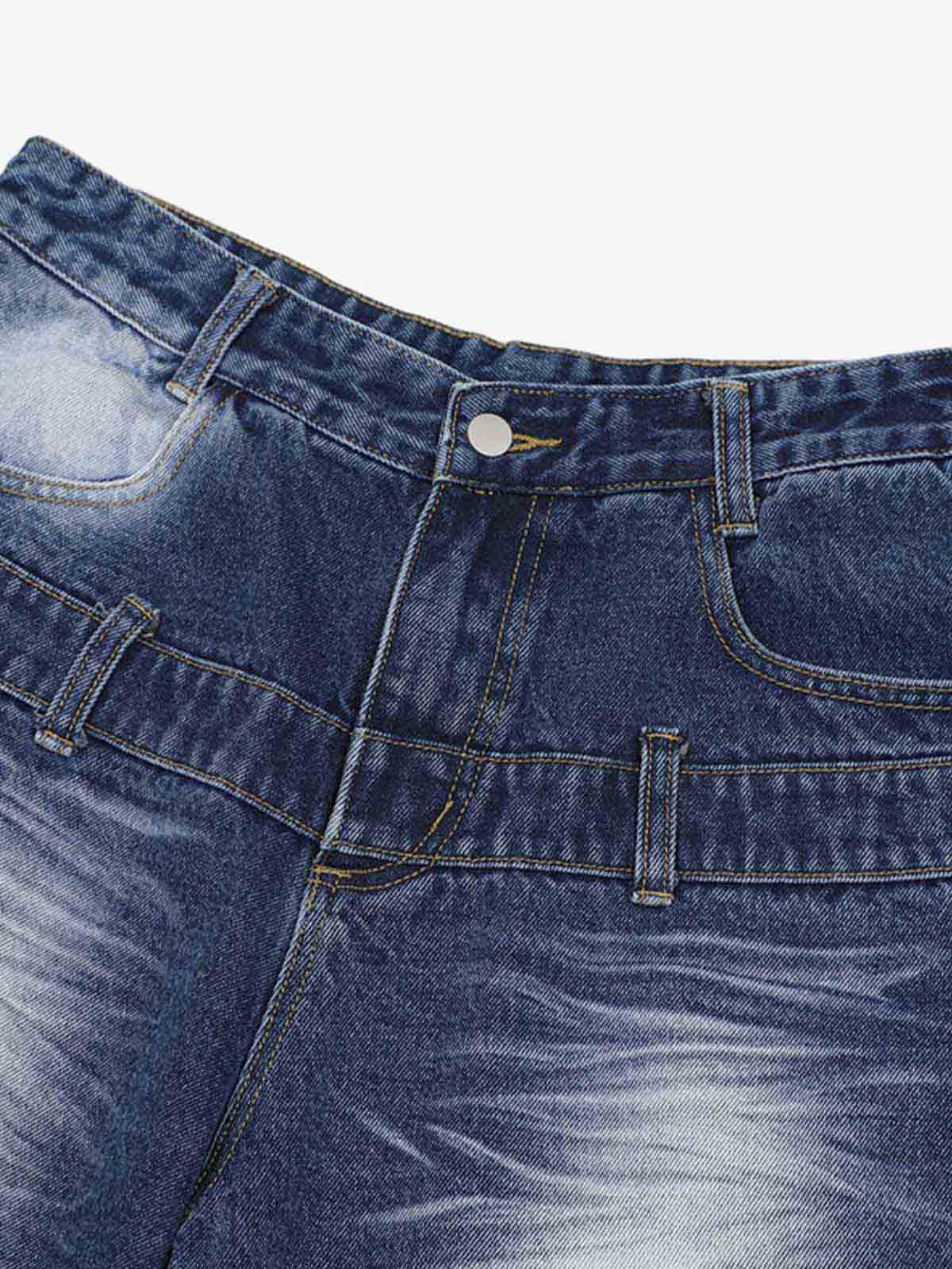 Thesupermade Old Washed Double Waistband Design Denim Jorts 