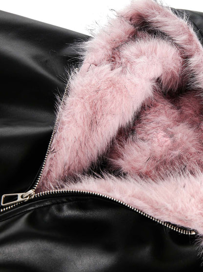 Leather Pink Fur Hooded Quilted Jacket - 2535 